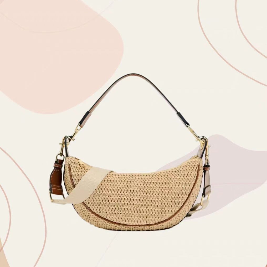 ZA Family Women's Bag 2026 New Straw Crescent Bag Versatile Crossbody Bag Woven Bag Straw Half Round Bag Underarm Bag