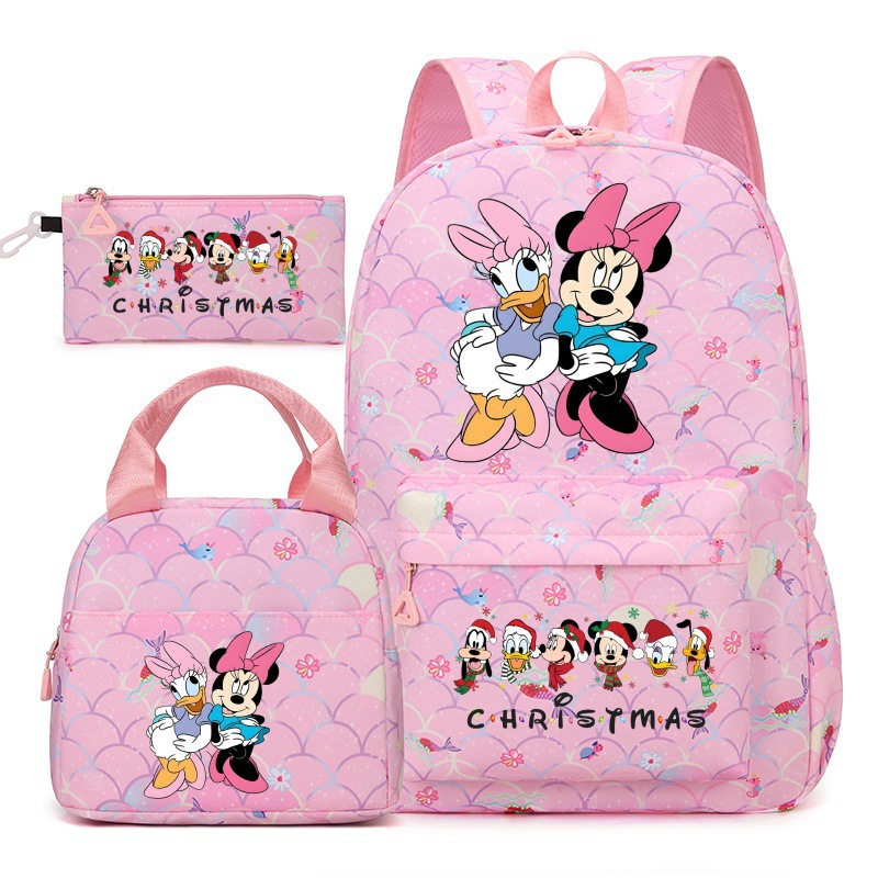 2025 New Mickey Minnie Backpack Girls' Lunch Bag Pencil Bag Girls' Backpack 3-Piece Set