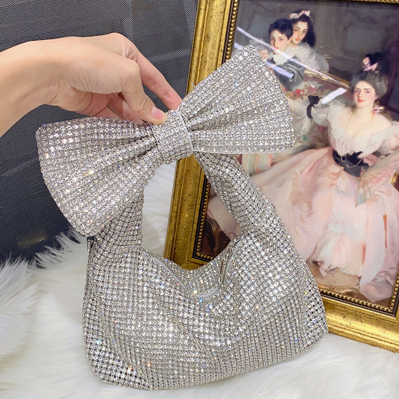 Bow fashion cross-border shiny and ineffective diamond studded water diamond armpit bag, socialite temperament handbag, shoulder bag wholesale