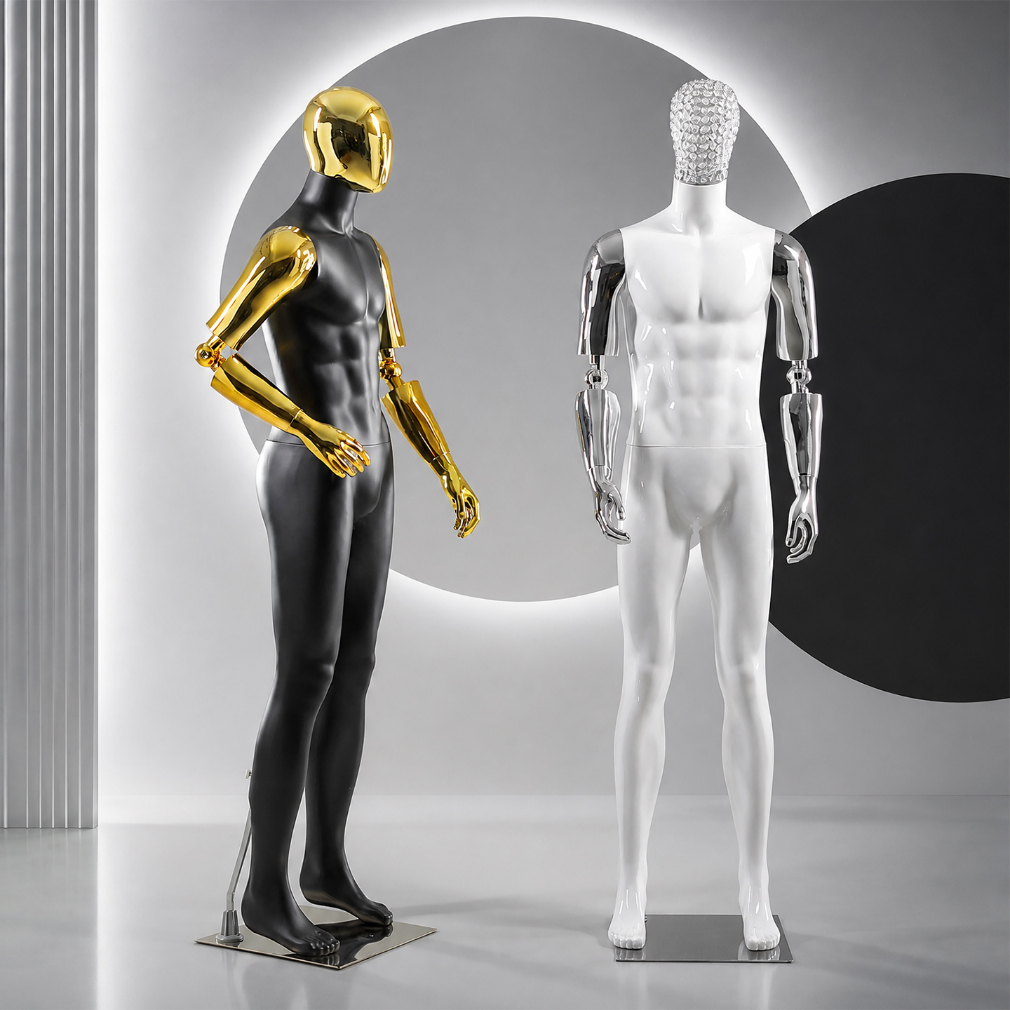 High end male model props and clothing store, simulation doll, full body electroplating, head and hand display, men's clothing special rack