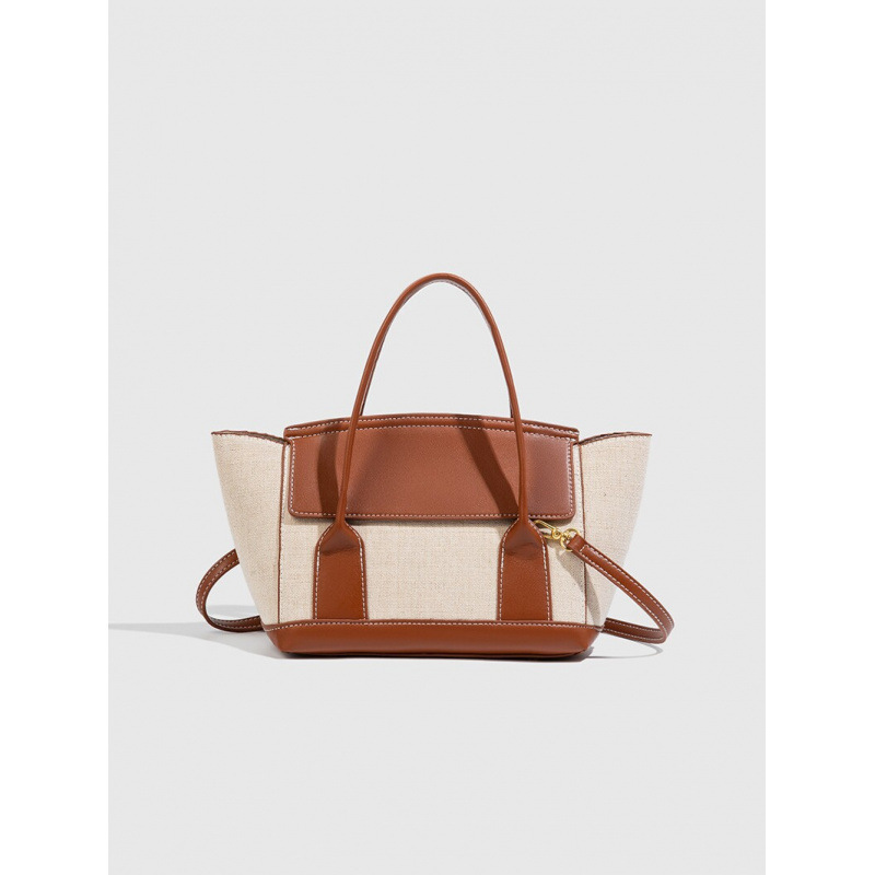 Z Foreign Trade Cross border Women's Bag New Retro Color blocked Canvas Tote Bag Women's Commuter Single Shoulder Cross Shoulder Handbag