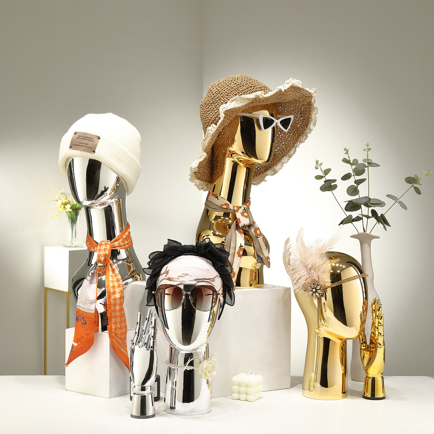 Model props, fake heads, gold and silver plated models, clothing stores, headwear, hats, wigs, scarves, high-end display racks