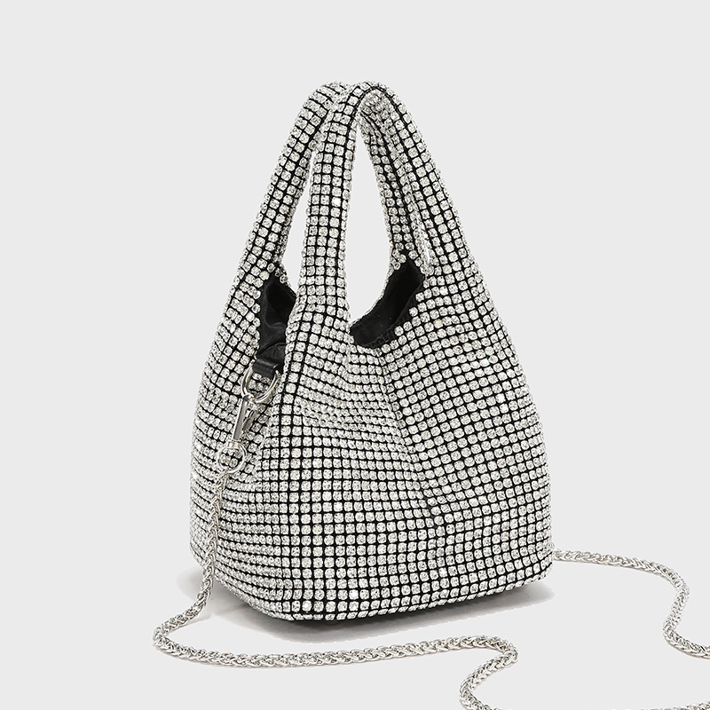 Manufacturer direct sales banquet bag women's bag 2026 new fashion chain inlaid with diamonds, full diamond hand-held single shoulder diagonal cross bucket bag