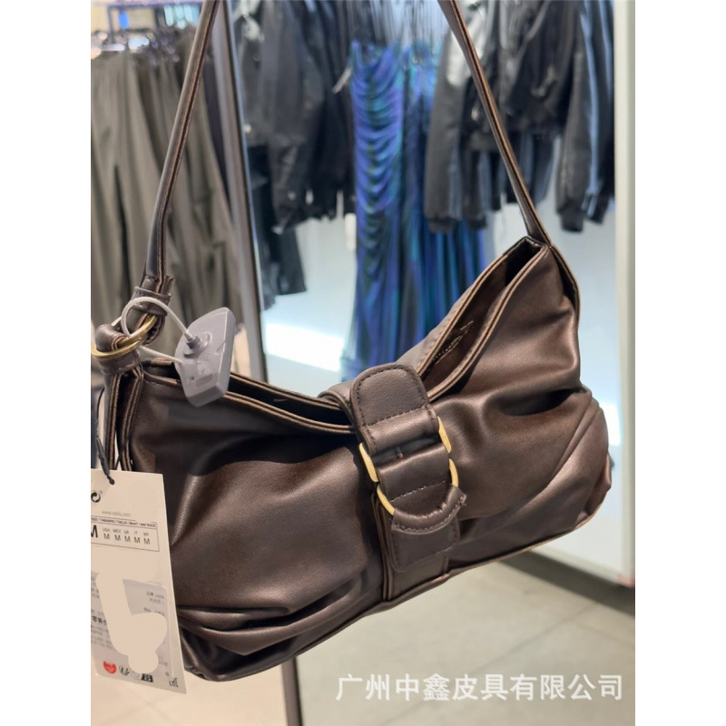 ZA cross-border women's bag spring and summer new style armpit bag European and American fashion pleated cloud bag coffee color buckle decoration shoulder bag