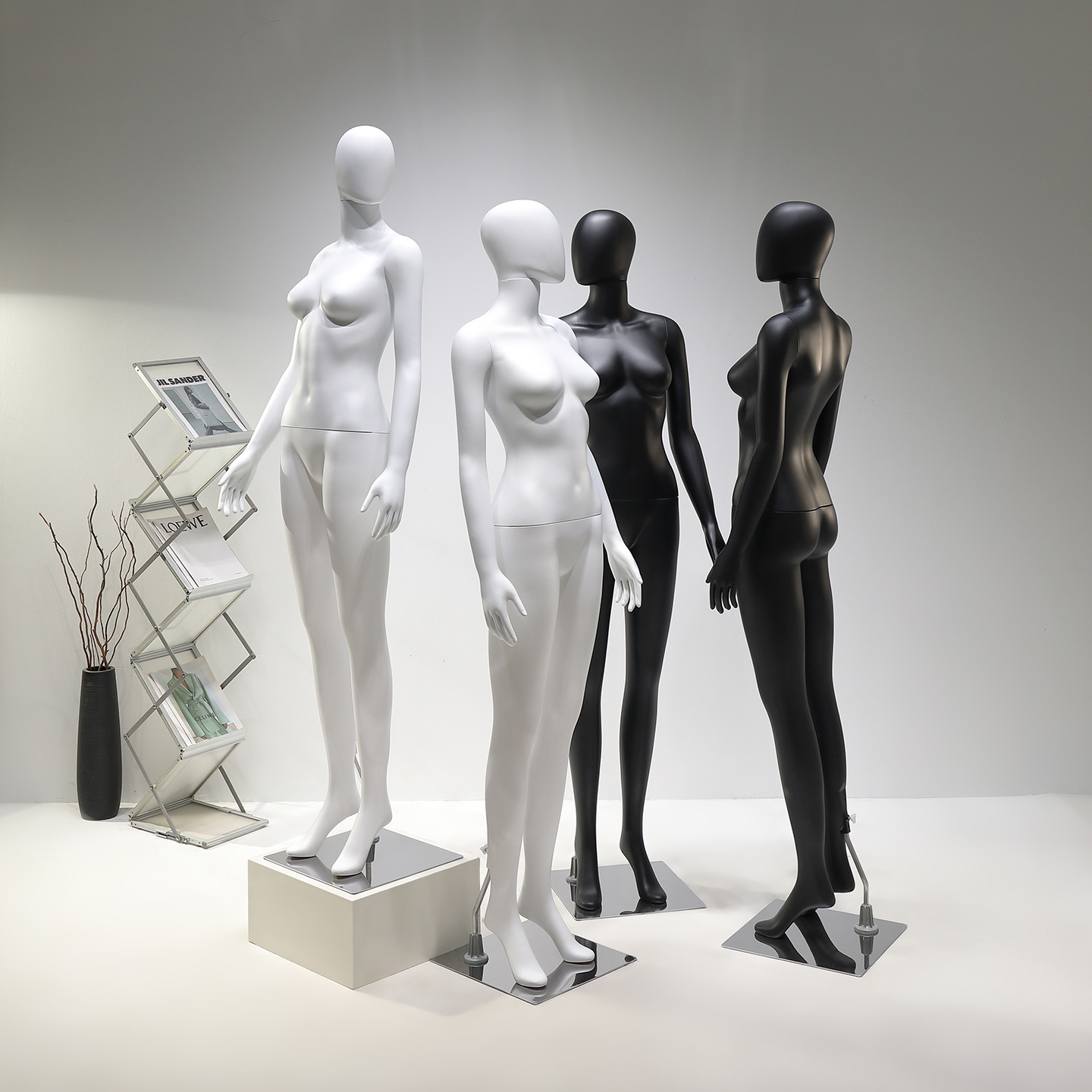 High end clothing store window display dedicated to fake human body women's clothing model props, imitating real human small chest models, display platform, full body