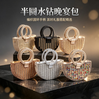 Light luxury semi-circular rhinestone handbag, woven circular handle, diamond inlaid box bag, banquet dress crossbody handbag