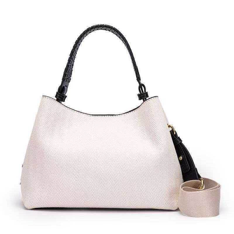 Women's woven hand-held crossbody bag, white canvas bucket bag, versatile commuting shoulder bag