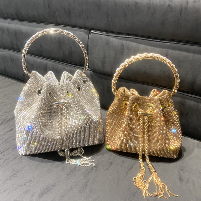 Cross border women's bag 2025 hot stamping diamond bucket bag round handle handbag single shoulder diagonal chain small bag inlaid diamond bag diagonal shoulder