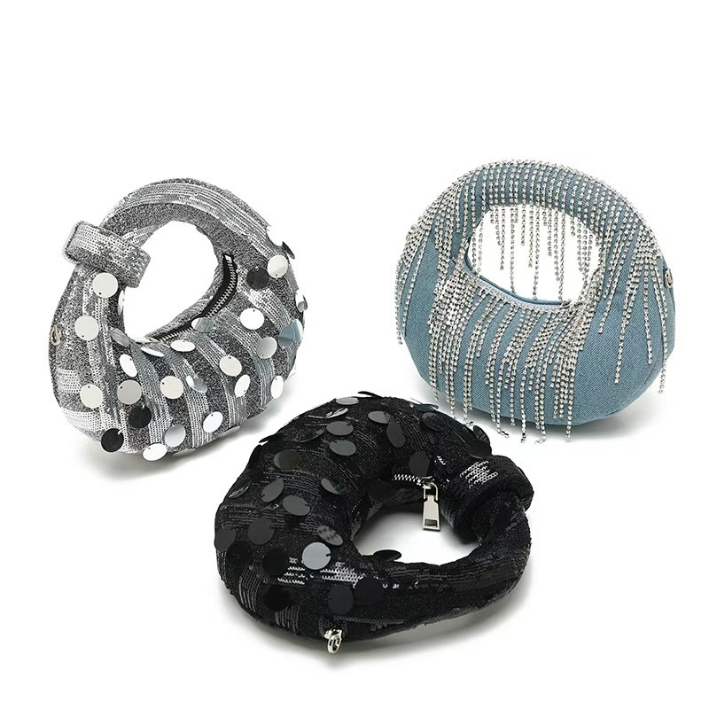 2025 Circle Banquet Bag, niche design, full diamond dumpling bag, hand-held bag, women's casual versatile handbag, rhinestone bag
