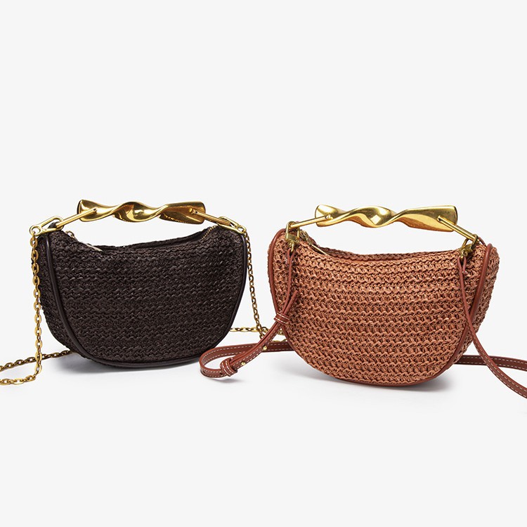Z Home Cross border Straw Weaving Bag 2025 New Metal Handheld Mini Bag Crossbody Zipper Casual Fashion Weaving Bag