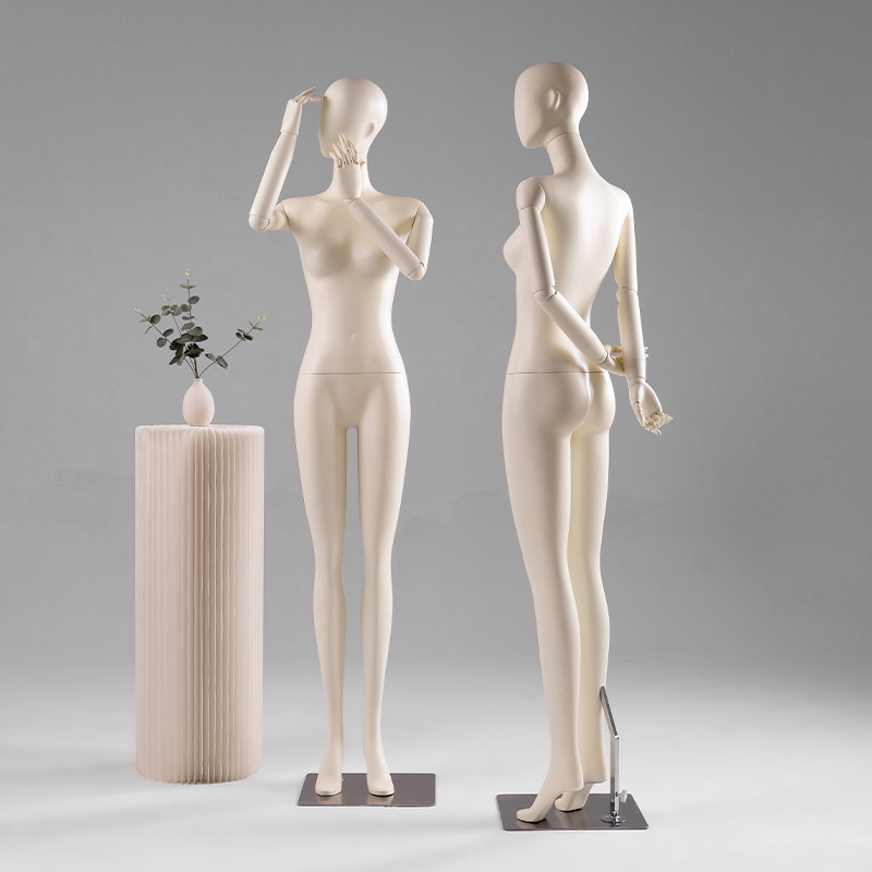 Cream style high-end clothing store showcase, fully baked paint, mannequin stage, model props, female display stand, mannequin, women's clothing, flat shoulder