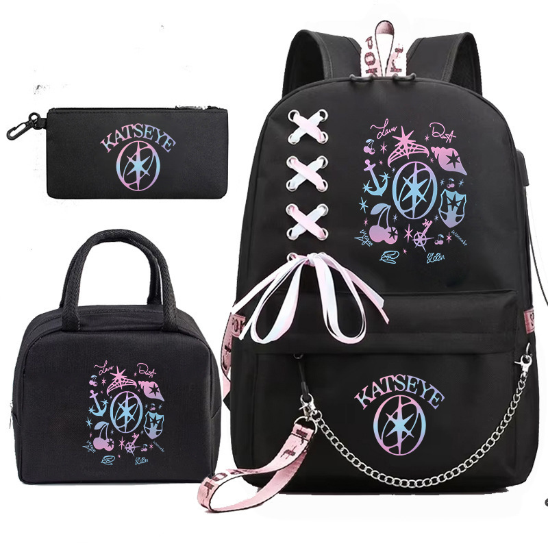Katseye gradient symbol three piece set backpack color blocked campus backpack pencil case lunch box set 60707