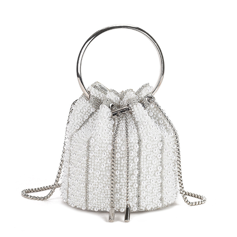 2026 New Women's Cross border Pearl Set Diamond Party Water Diamond Tassel Bucket Bag Simple Handheld Diagonal Cross Bag