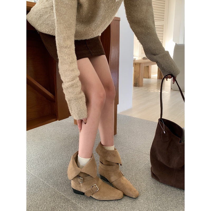 Thick heeled retro suede slim short boots for women, 2025 new autumn and winter brown Martin boots, French western ankle boots