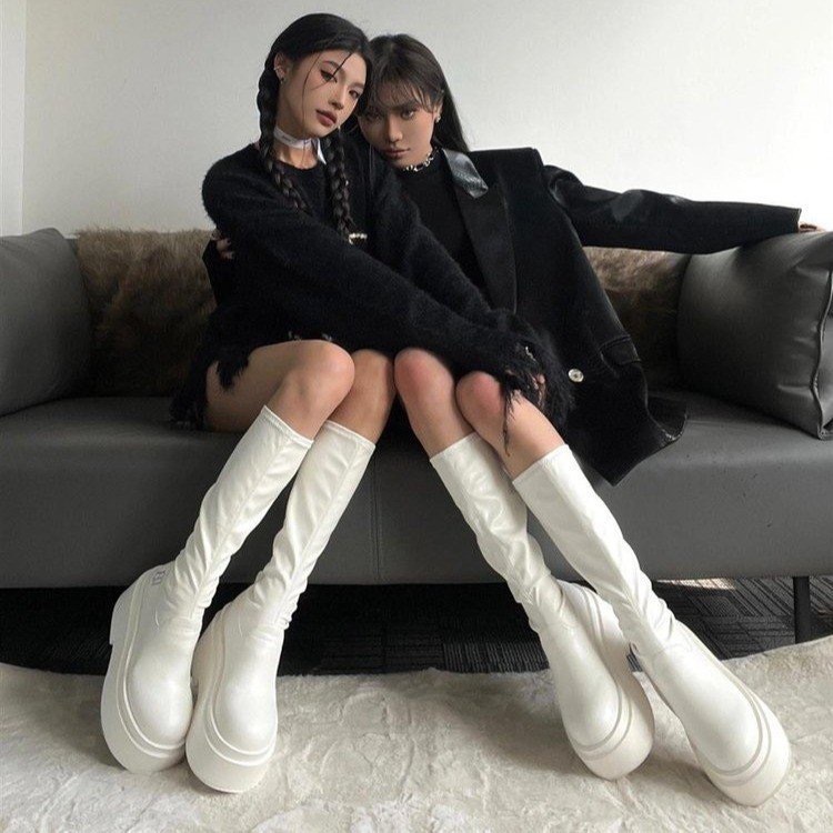 Thick soled white boots for children, 2023 new European and American style high top boots, round toe, one foot elastic knight boots trend