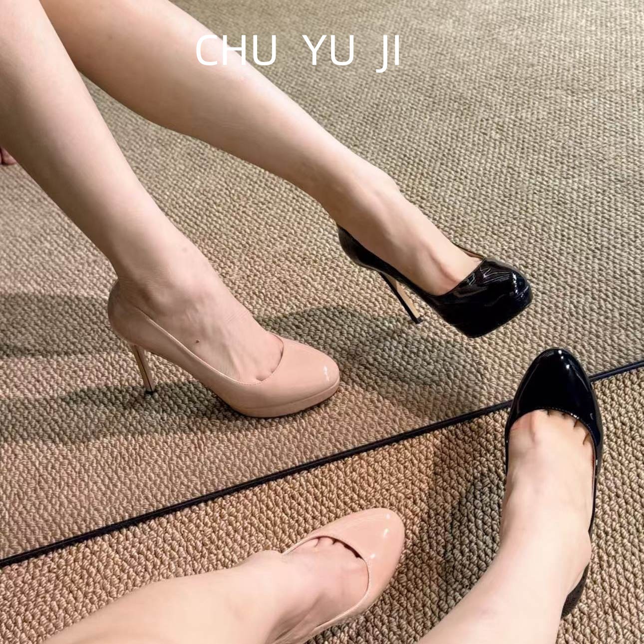 First Encounter Season Bare Color Waterproof Platform High Heels for Women 2025 New Style Bare Color 10CM Lacquer Leather Thin Heel Round Head Non tiring Foot Strap
