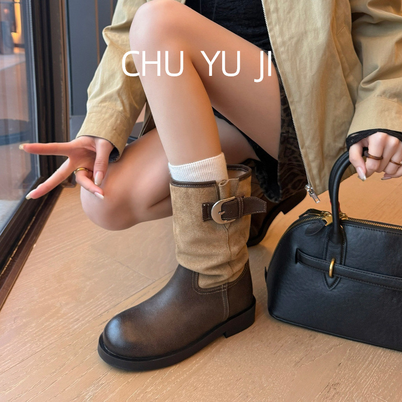 First Encounter Season Retro Short Boots for Women 2026 New Round Head Coarse Heel Brown Riding Boots Western Fold Pile Boots