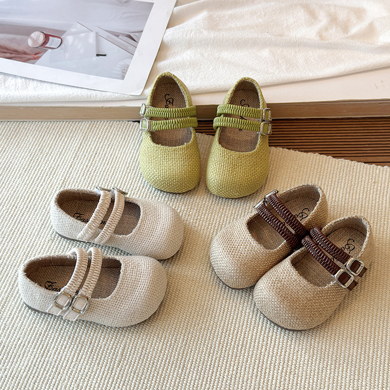 Girls' Boken leather shoes 2026 vintage plush Mary Jane leather shoes baby double button flat bottom anti slip single shoes