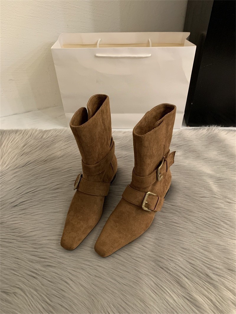 Thick heeled retro suede slim short boots for women, 2025 new autumn and winter brown Martin boots, French western ankle boots Thick heeled retro suede slim short boots for women, 2025 new autumn and winter brown Martin boots, French western ankle boots
