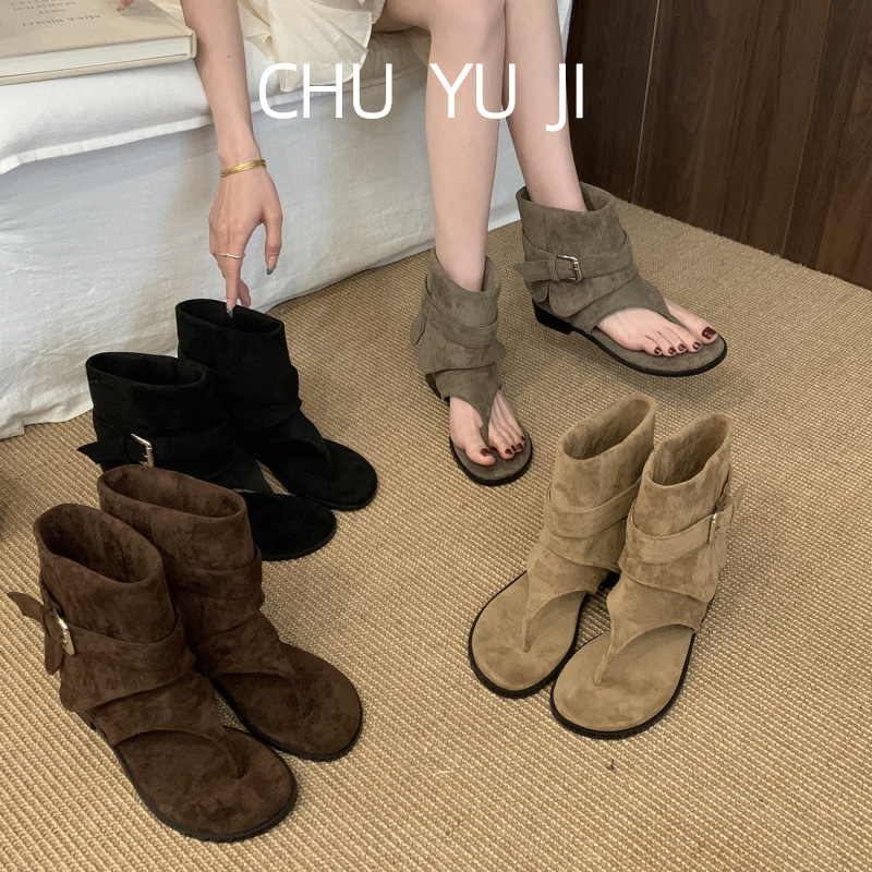First Encounter Season Coarse Heel Khaki Cross Toe Cool Boots Short Boots Women's Boots 2026 Summer New Style Retro Matching Skirt Western