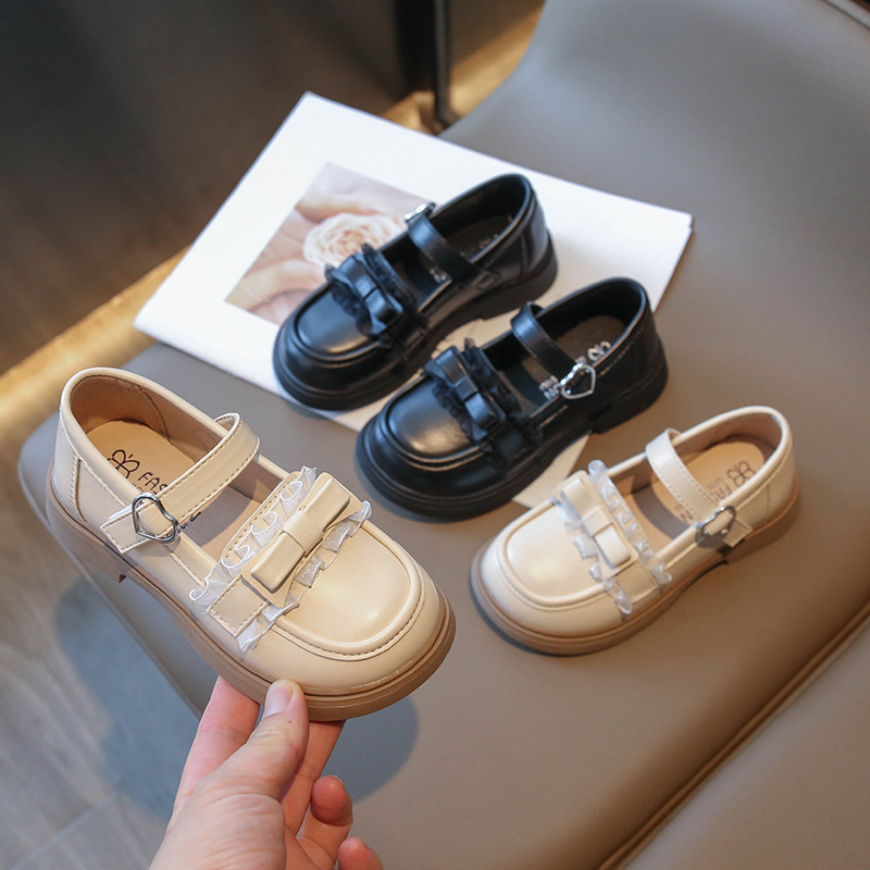 Girls' Little Leather Shoes 2023 Spring and Autumn Bow Lace Princess Shoes Soft Surface Soft Bottom Baby Bean Shoes Middle and Small Children