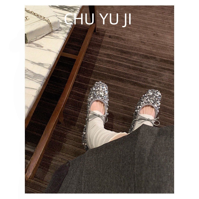 First Encounter Season Sparkling Ballet Shoes~French Interior Height Boosting Bead Bow Mary Jane Single Shoes Women's Dinner