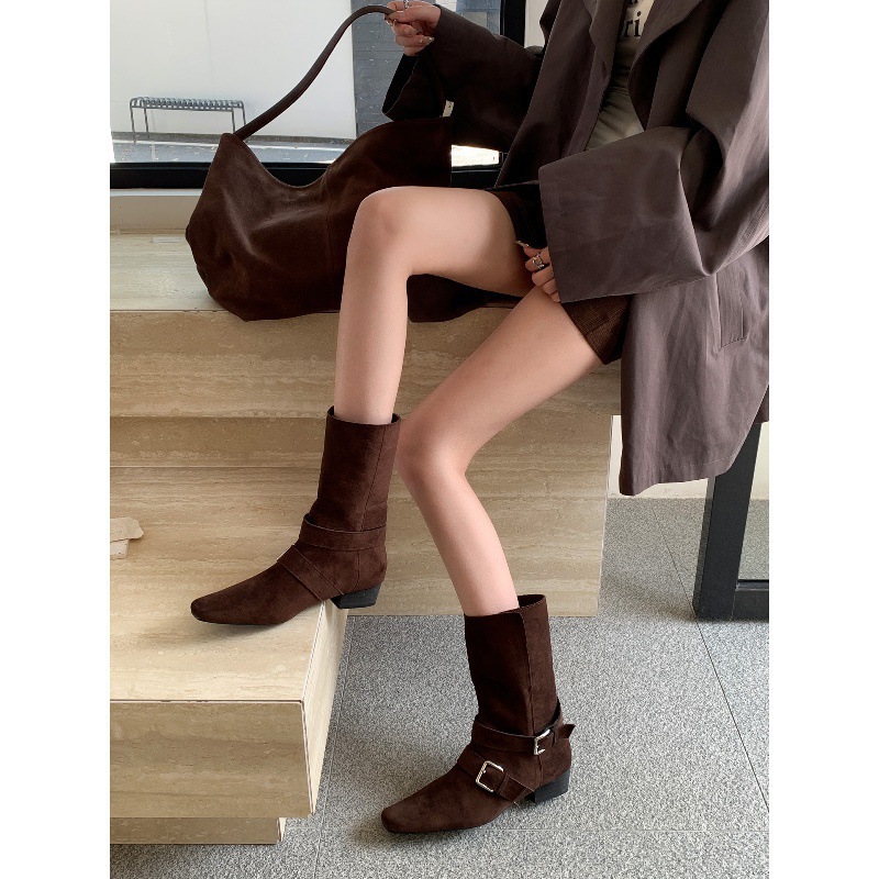 Thick heeled retro suede slim short boots for women, 2025 new autumn and winter brown Martin boots, French western ankle boots Thick heeled retro suede slim short boots for women, 2025 new autumn and winter brown Martin boots, French western ankle boots