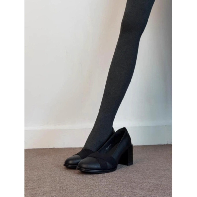 Autumn and winter, wearing round toe high heels, women's retro commuting cross belt temperament versatile single shoes