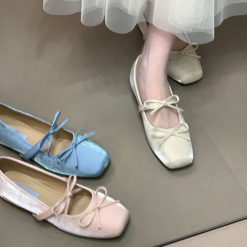 Bow ballet shoes with increased height inside 2025 summer new fairy shallow mouth Mary Jane single shoes