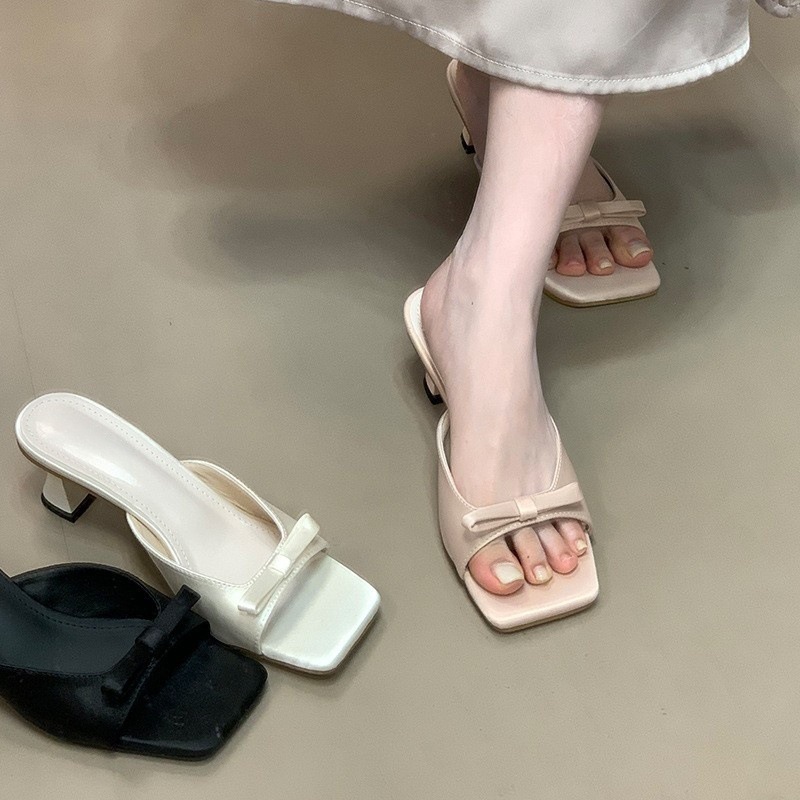 Soft and coarse heel sandals with exposed toe satin, 2025 summer new French bow sandals