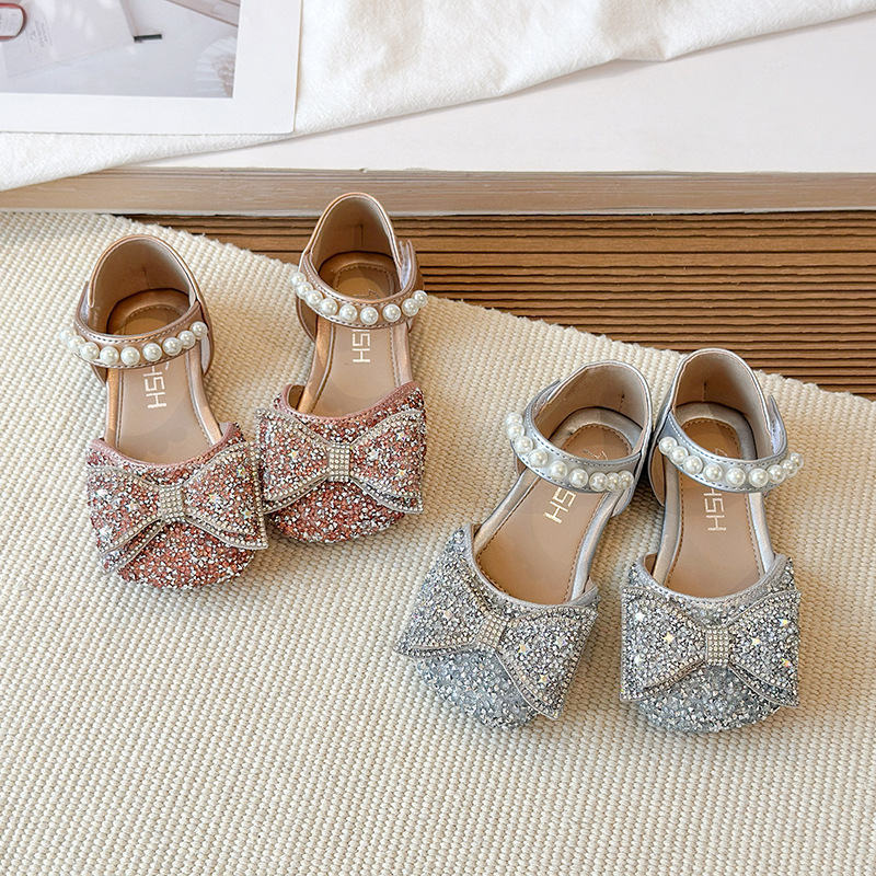 Summer Girls' Sandals Princess Crystal Shoes 2026 New Style Little Girls' Bow Water Diamond Sparkling Belt Heel Children's Shoes