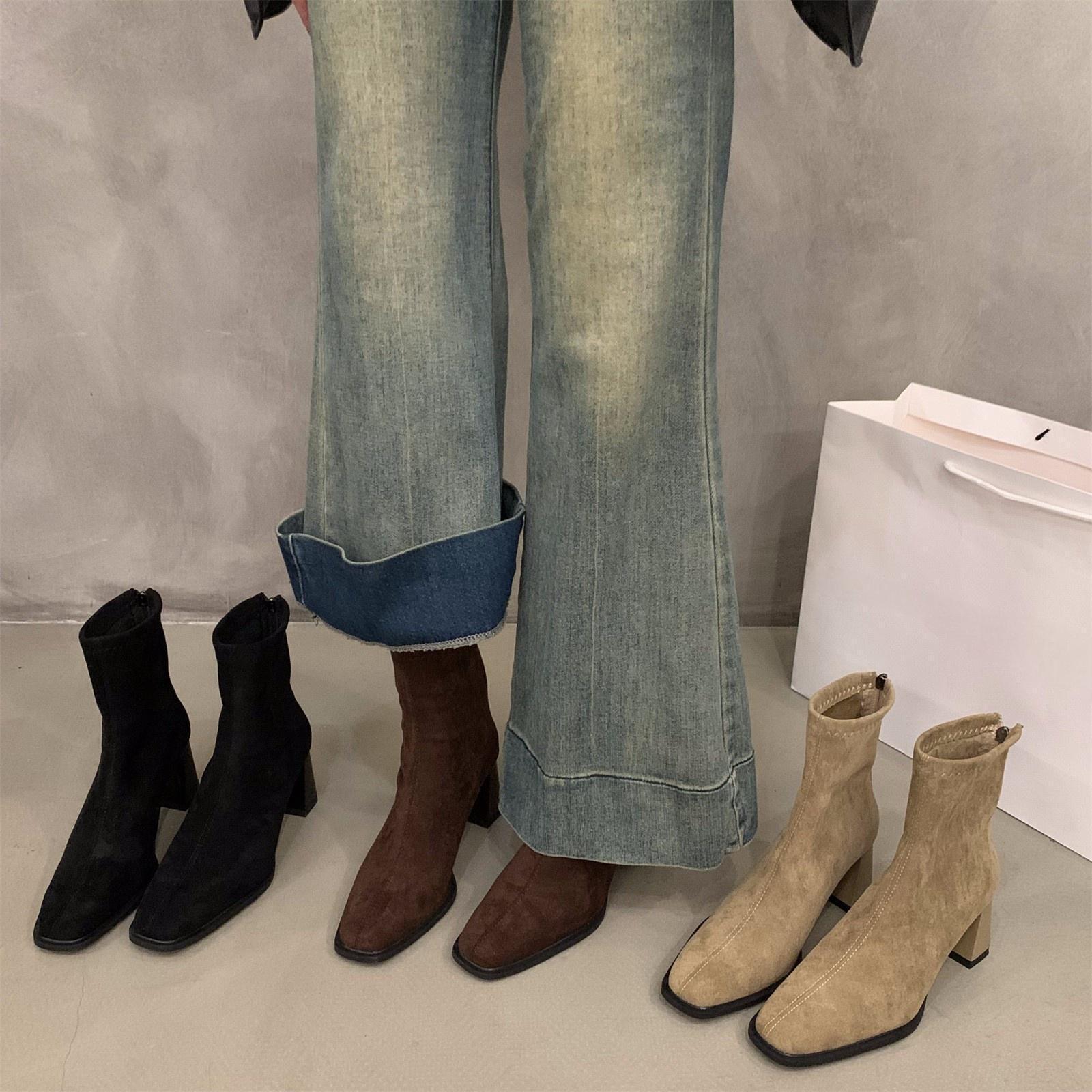 High heels Korean ankle boots suede Martin boots women's shoes 2024 new autumn and winter square toe slim short boots