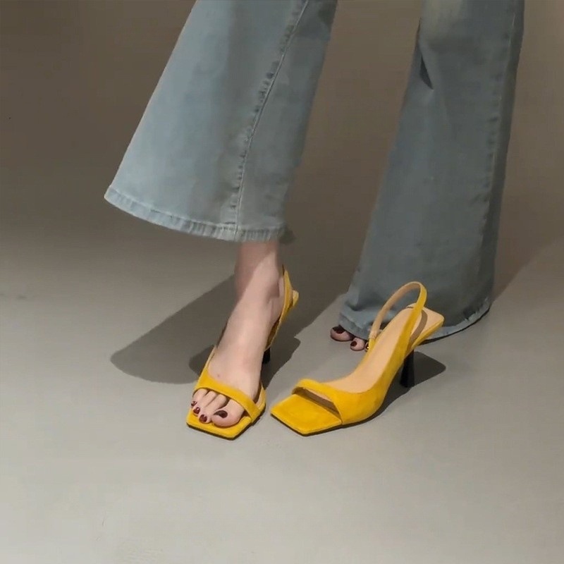 Square toed sandals with exposed toes, women's summer French style dress, slim heels, black high heels with empty back