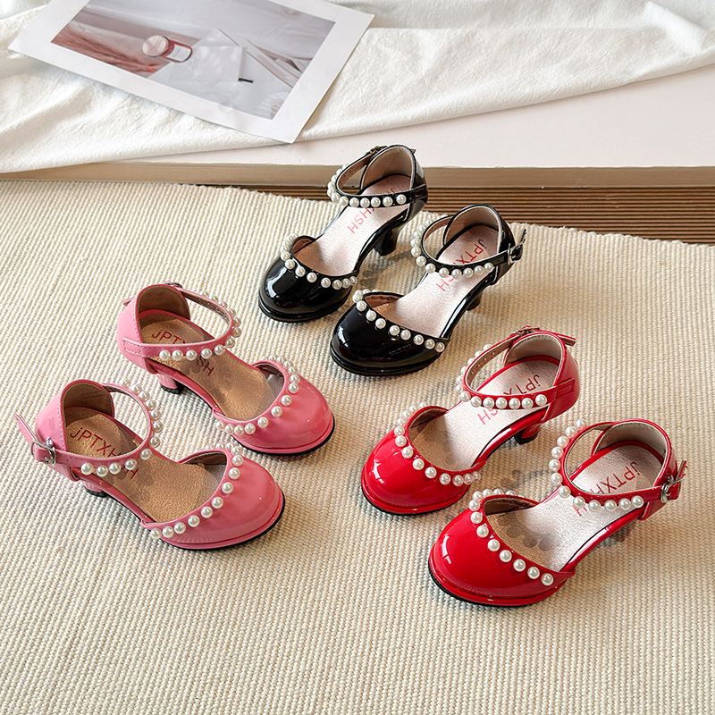 Girls' High Heels Cool 2026 New Spring and Autumn Fashion Pearl Sandals for Small Girls, Solid Color Performance Dance Shoes for Adults