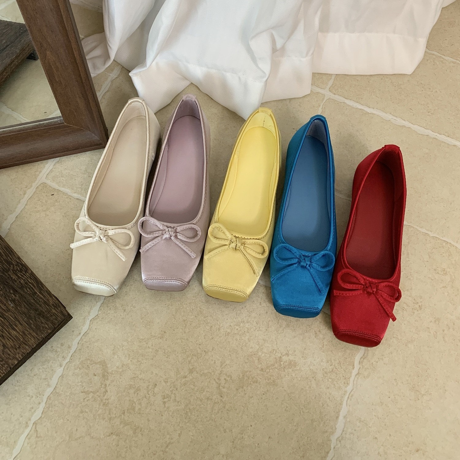 Fairy style bow silk square toe shallow mouth ballet single shoes for women 2025 new soft soled pig nose small red shoes