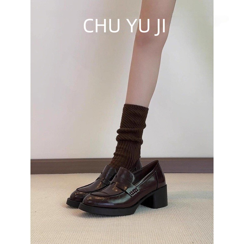 First Encounter with Seasonal Retro Round Head Le Fu Shoes, High Heels, Small Leather Shoes, Women's British Style Coarse Custom Shoes, One Step Stepping Women's Shoes