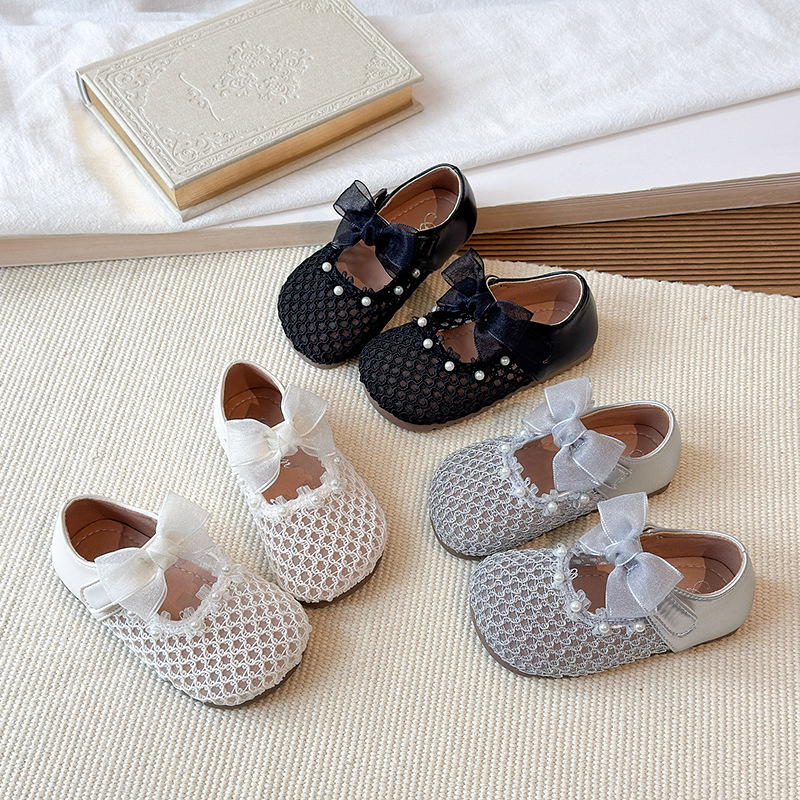 Children's leather shoes 2026 spring cross-border foreign trade girls' sweet mesh bow princess shoes children's soft single shoes