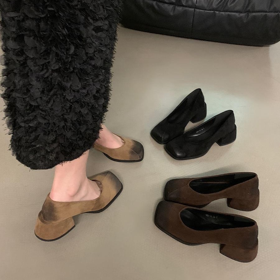 French style thick heel black square toe temperament single shoe women's shoes 2024 new retro shallow mouth evening style high heels