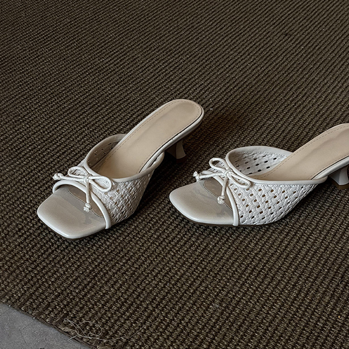 Vacation style woven hollow out cool drag women's versatile bow tie one line drag exposed toe square toe high heels summer