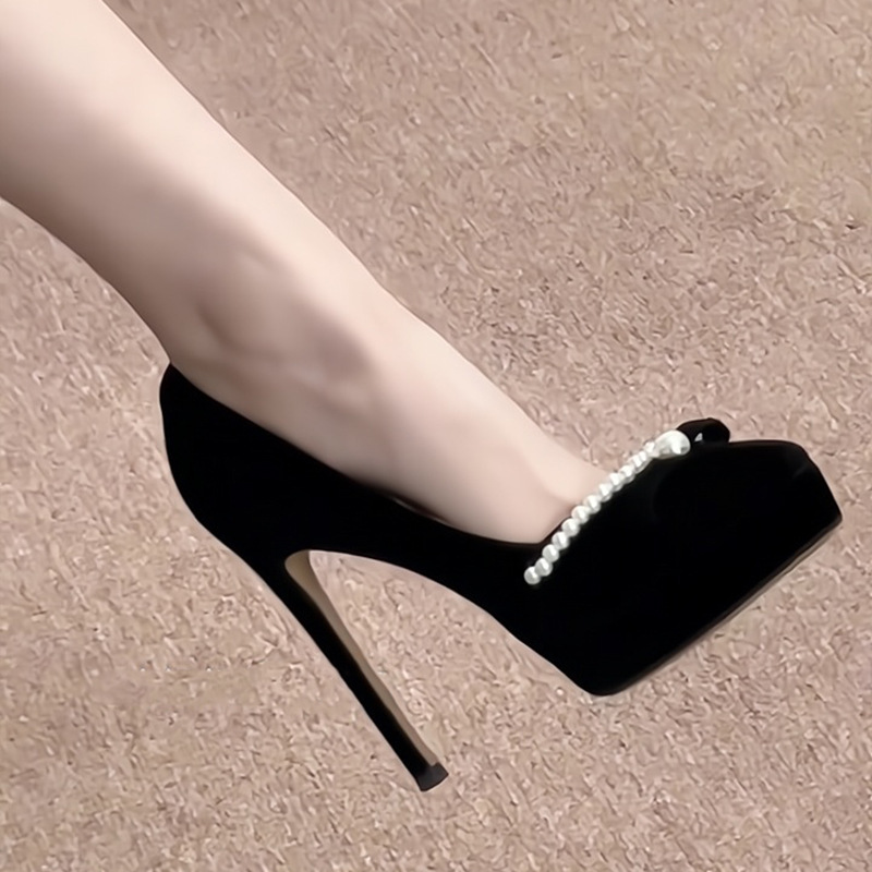Spicy girl black waterproof platform high heels women's slim heels 2025 spring new style temperament pearl pointed single shoes