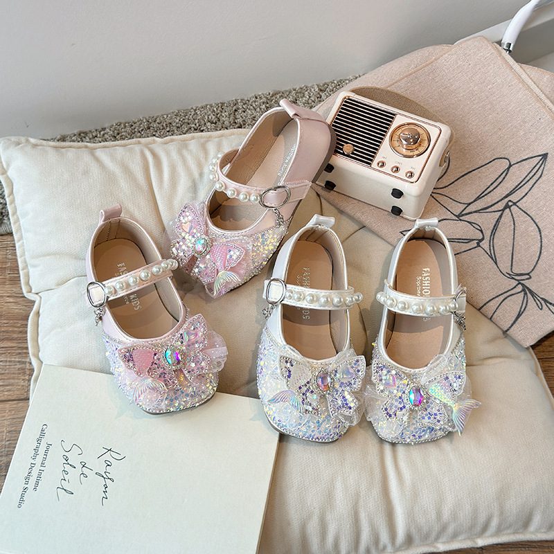 2025 Children's Small Leather Shoes Cross border Spring New Style Girls' Soft Bottom Water Diamond Single Shoes Princess Children's Performance Shoes Wholesale