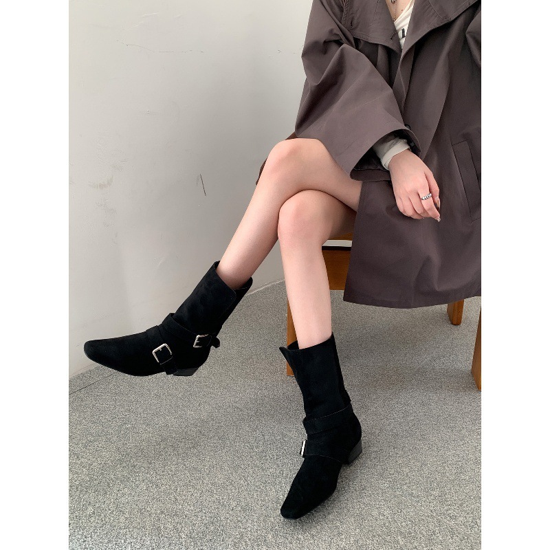 Thick heeled retro suede slim short boots for women, 2025 new autumn and winter brown Martin boots, French western ankle boots Thick heeled retro suede slim short boots for women, 2025 new autumn and winter brown Martin boots, French western ankle boots