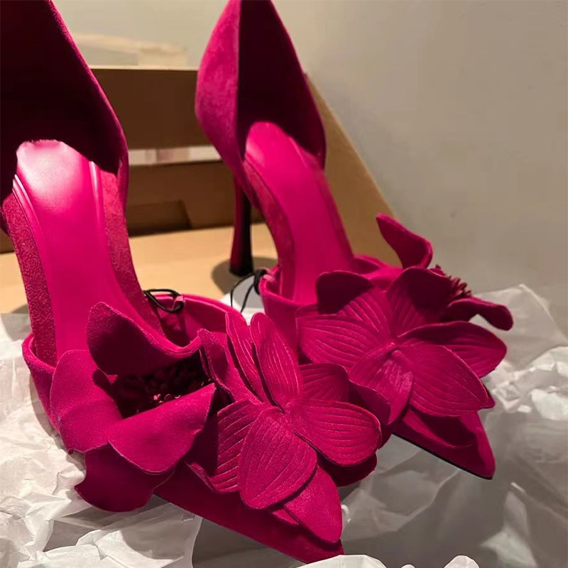 Spring 2023 Rose Red Flower Decorative High Heels, Sexy French Style One Foot Stills, Fine Heels, Pointed Sandals for Women