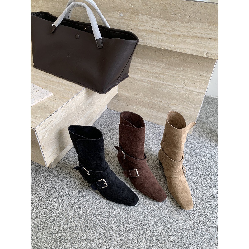Thick heeled retro suede slim short boots for women, 2025 new autumn and winter brown Martin boots, French western ankle boots Thick heeled retro suede slim short boots for women, 2025 new autumn and winter brown Martin boots, French western ankle boots