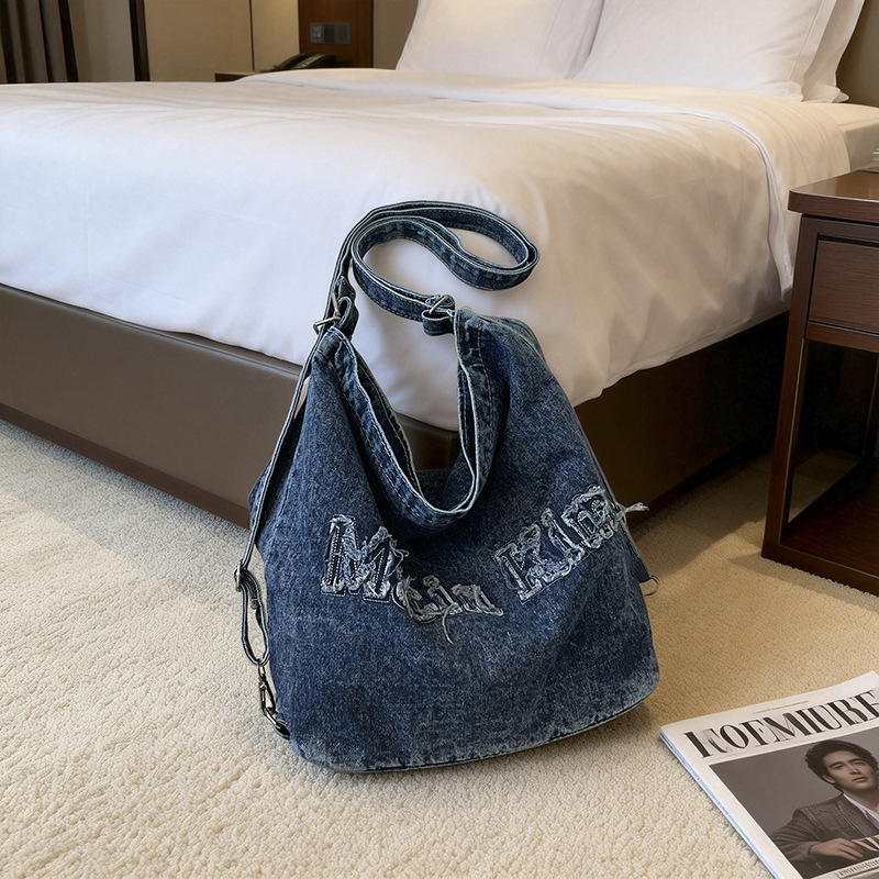 Cross border new trend brushed letter denim bag multifunctional portable backpack large capacity commuting tote bag for women