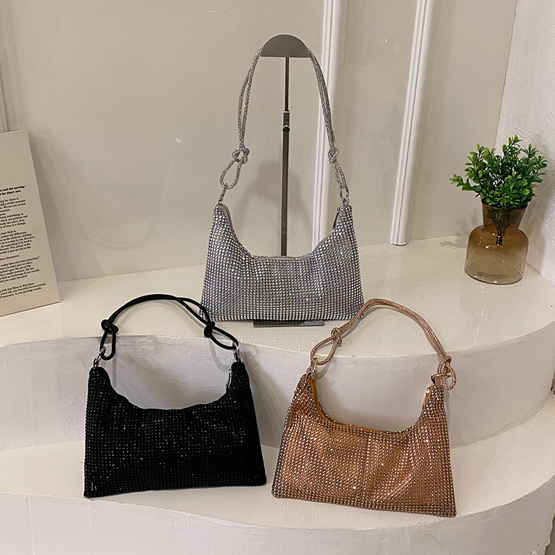 Cross border diamond studded dinner shoulder bag, new minimalist banquet evening outfit bag, trendy sparkling knotted rhinestone bag, party armpit bag