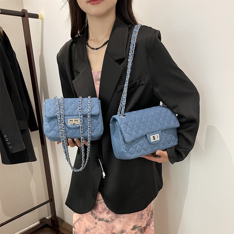 Cross border women's bag 2026 new fashionable small fragrant diamond grid chain bag denim small square bag single shoulder crossbody bag bags