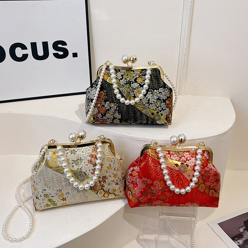 National style small bag 2024 new women's bag light luxury high-end temperament chain bag versatile pearl clip bag