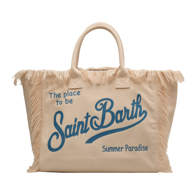 Cross border European and American handmade tassel beach canvas bag for women, 2026 new printed tote bag, large capacity shoulder bag Cross border European and American handmade tassel beach canvas bag for women, 2026 new printed tote bag, large capacity shoulder bag