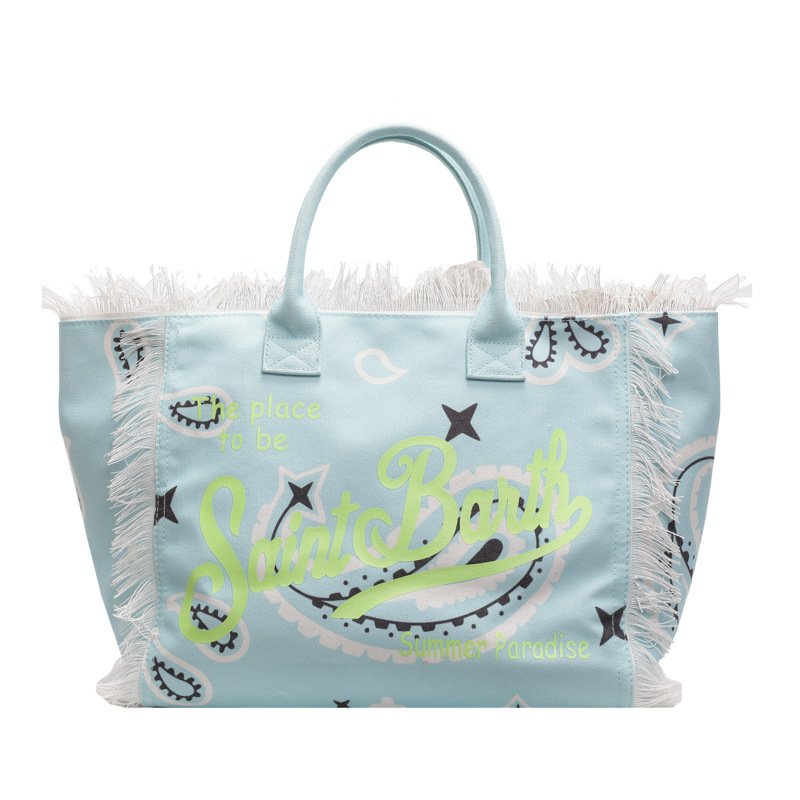 Cross border European and American handmade tassel beach canvas bag for women, 2026 new printed tote bag, large capacity shoulder bag Cross border European and American handmade tassel beach canvas bag for women, 2026 new printed tote bag, large capacity shoulder bag